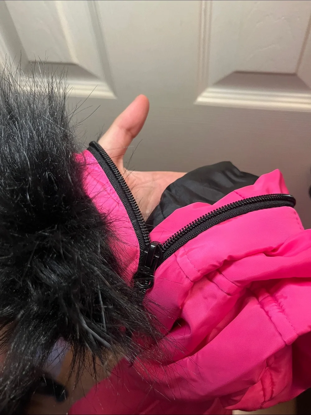 Justice Hot Pink and Black Girls' Puffer Jacket with Removable Faux Fur Trim
